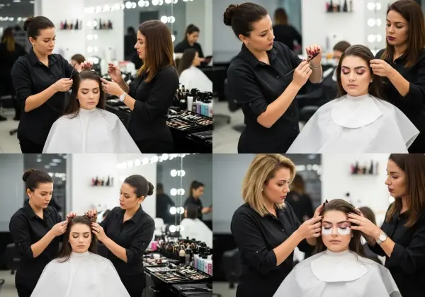 Cabeleireira profissional finalizando um corte de cabelo moderno e estiloso em uma cliente.