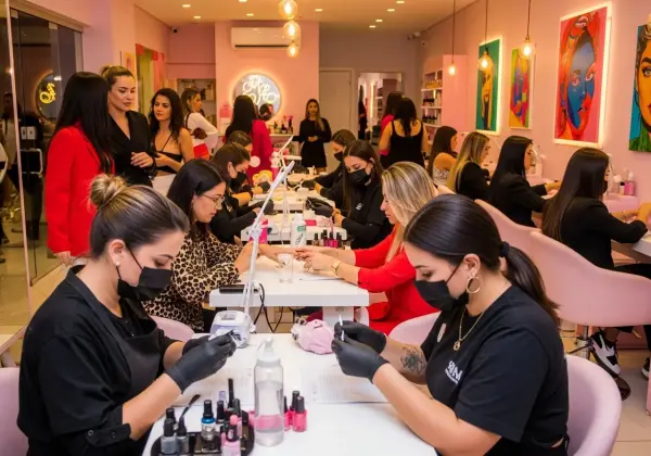 Nail designer aplicando com precisão um esmalte em gel em unhas perfeitamente esculpidas.