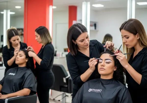 Designer de sobrancelhas utilizando uma pinça para dar o formato perfeito às sobrancelhas de uma cliente.